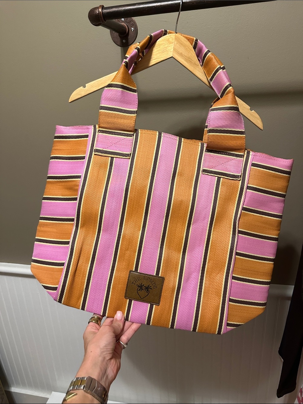 The Upside Striped Pink & Tan Canvas Tote Bag